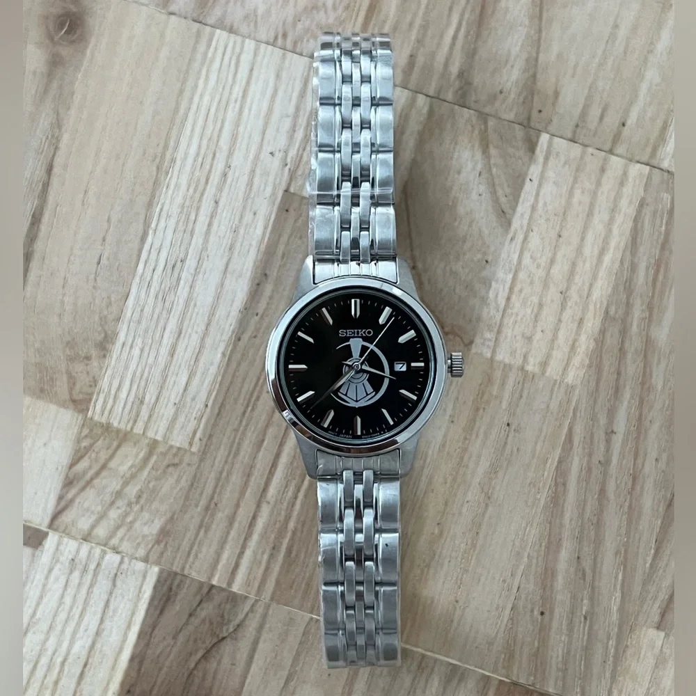 Seiko Ladies Watch Black Dial with Train Motif Stainless Bracelet and Hands